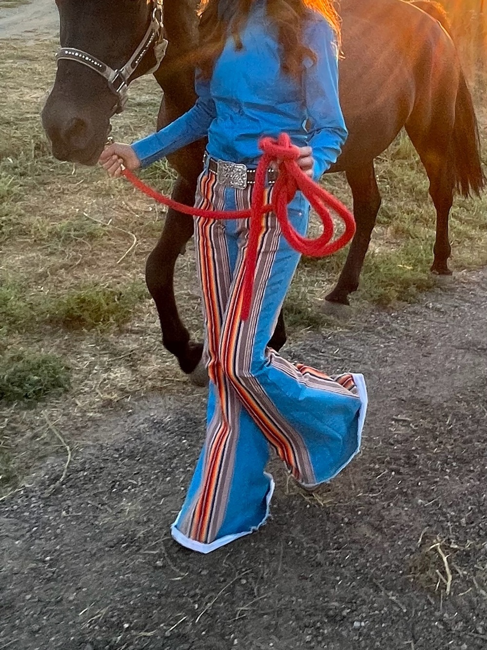 Ranch Dress’n Turquoise Flare cowgirl Jeans with Multicolor Vertical Stripes